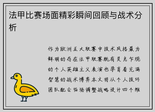 法甲比赛场面精彩瞬间回顾与战术分析