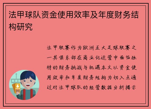 法甲球队资金使用效率及年度财务结构研究