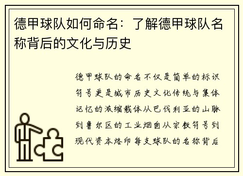 德甲球队如何命名：了解德甲球队名称背后的文化与历史